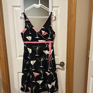 Black Cocktail Print Dress with Pink Accents